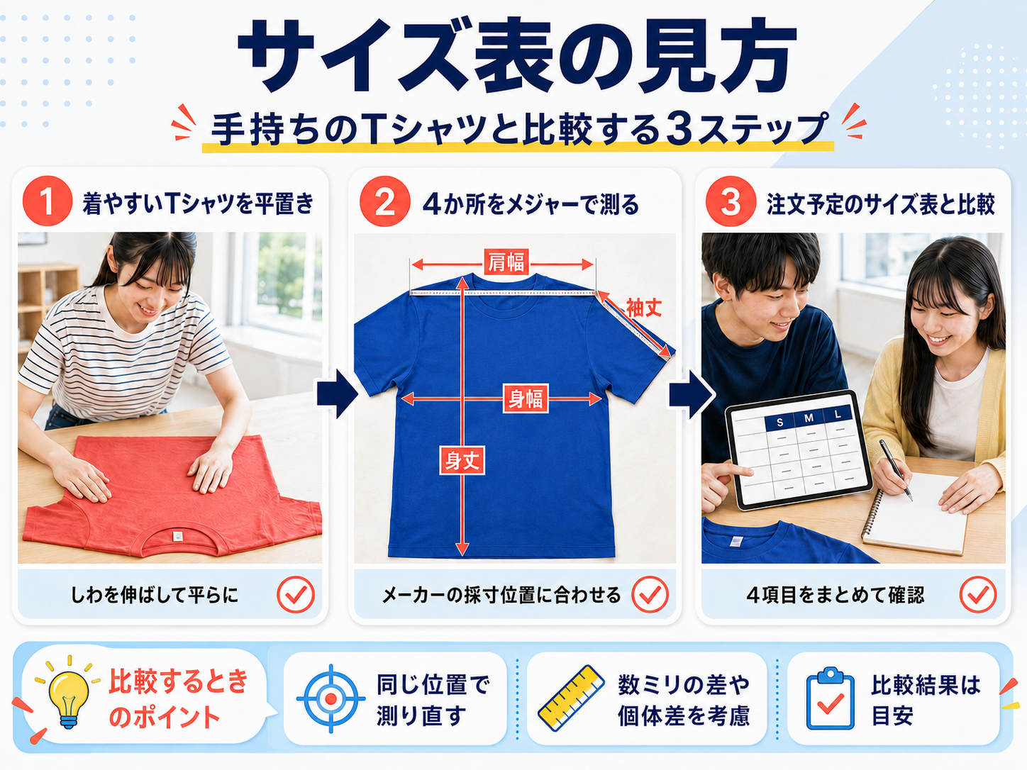 サイズ表の見方〜手持ちのTシャツと比較する3ステップ