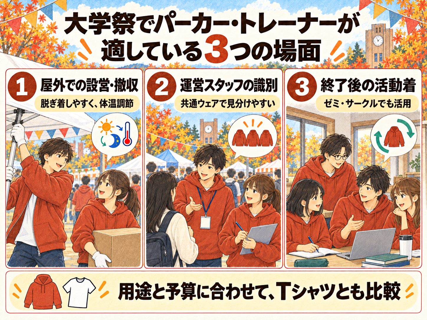 大学祭でパーカー・トレーナーが適している３つの場面の図
