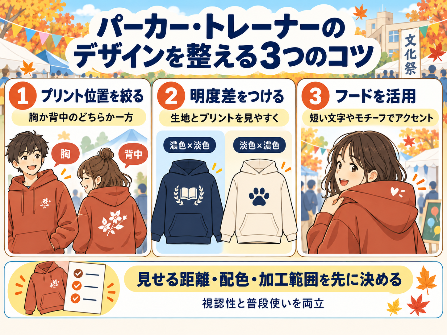 パーカー・トレーナーのデザインを整える３つのコツの図