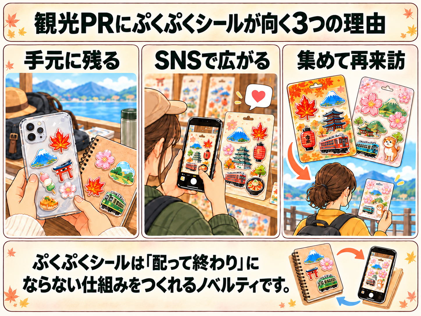 観光PRに向く理由として『手元に残る』『SNSで広がる』『集めて再来訪』の3点を解説した図解
