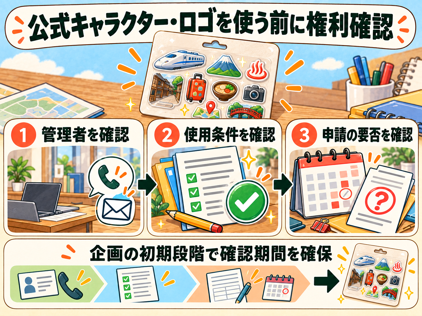 シール制作における権利確認の3ステップ(管理者・使用条件・申請要否の確認)と初期段階でのスケジュール確保を解説した図解