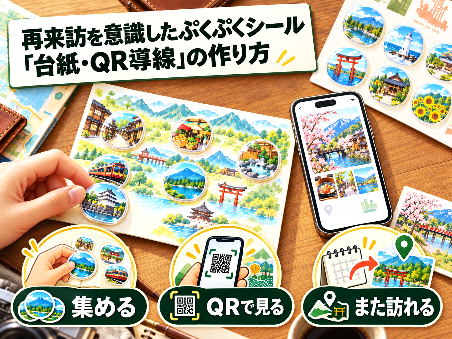 再来訪を意識した台紙・QR導線の作り方(集める・QRを見る・また訪れるの3ステップ)をまとめた図解