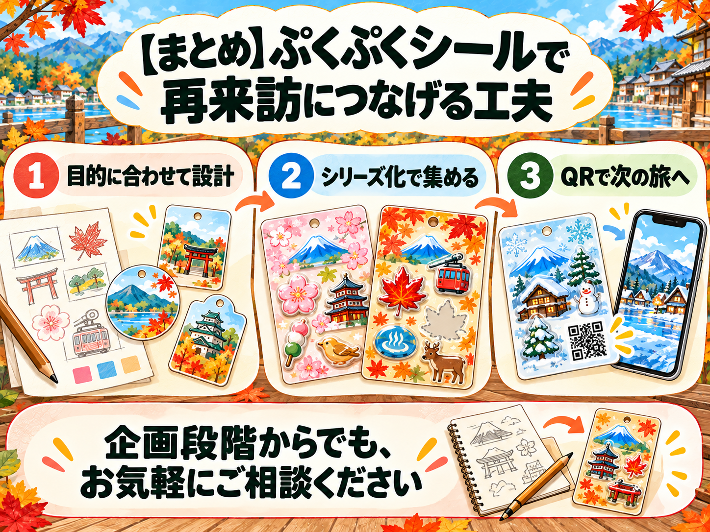 ぷくぷくシールで再来訪につなげる3つの工夫(目的に合わせた設計・シリーズ化・QR導線)と企画相談についてまとめた図解