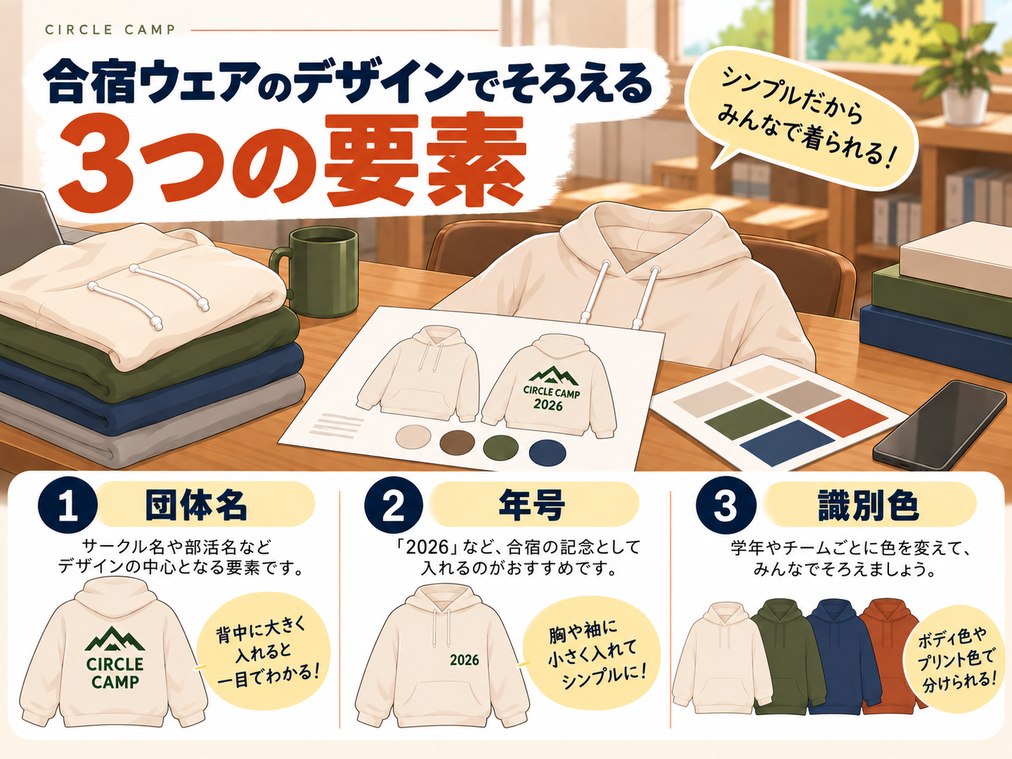 チームパーカーのデザインで揃える3つの要素(団体名・年号・識別色)