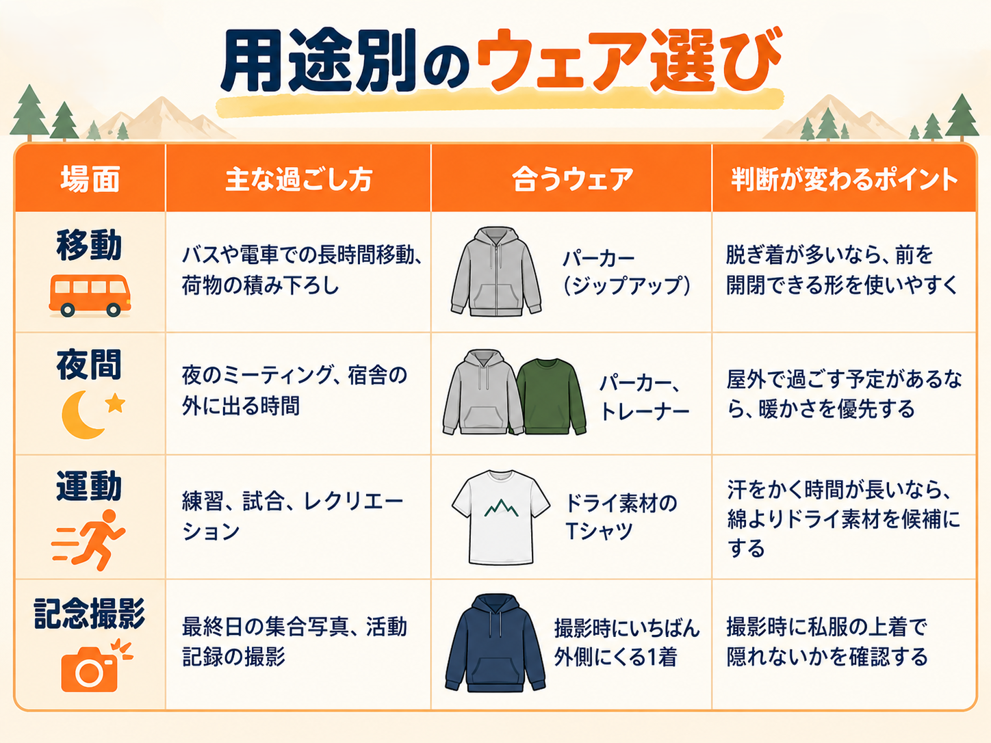 秋合宿の用途別おすすめウェア比較表