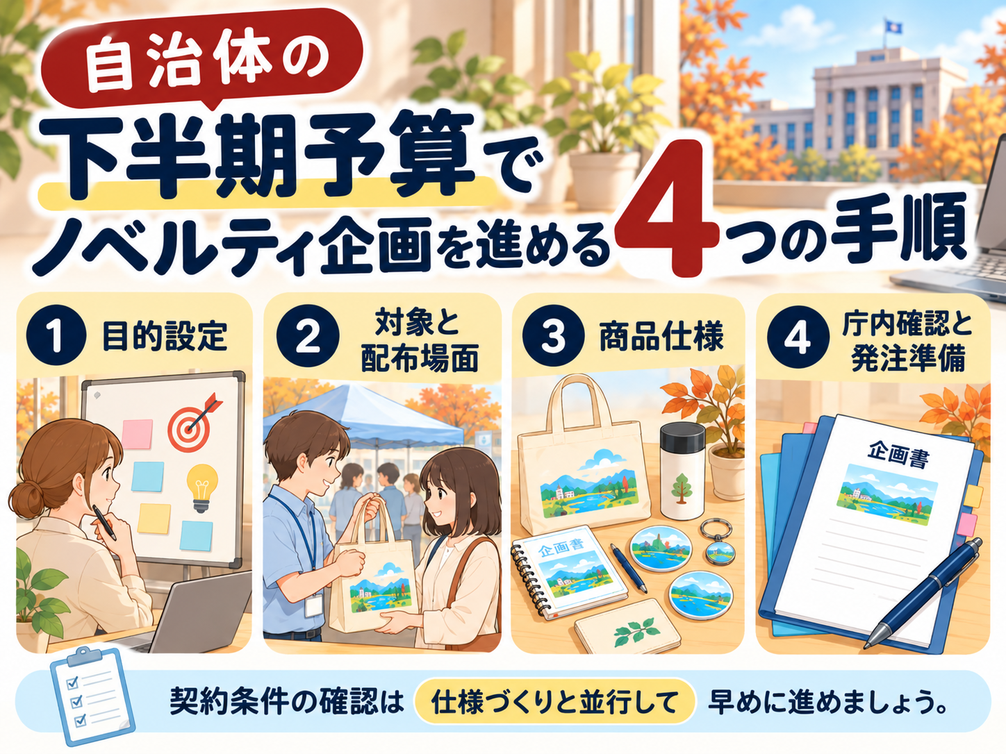 自治体のノベルティ企画を進める4つの手順を示した図解
