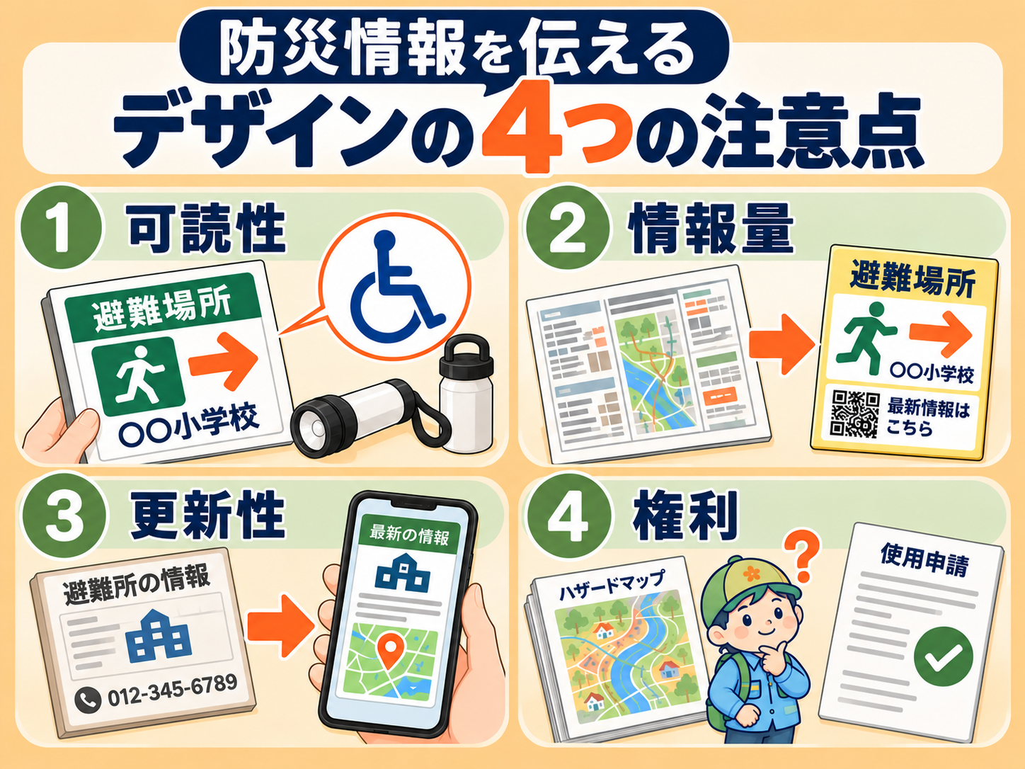 防災情報を伝えるデザインの4つの注意点(可読性・情報量・更新性・権利)の図解