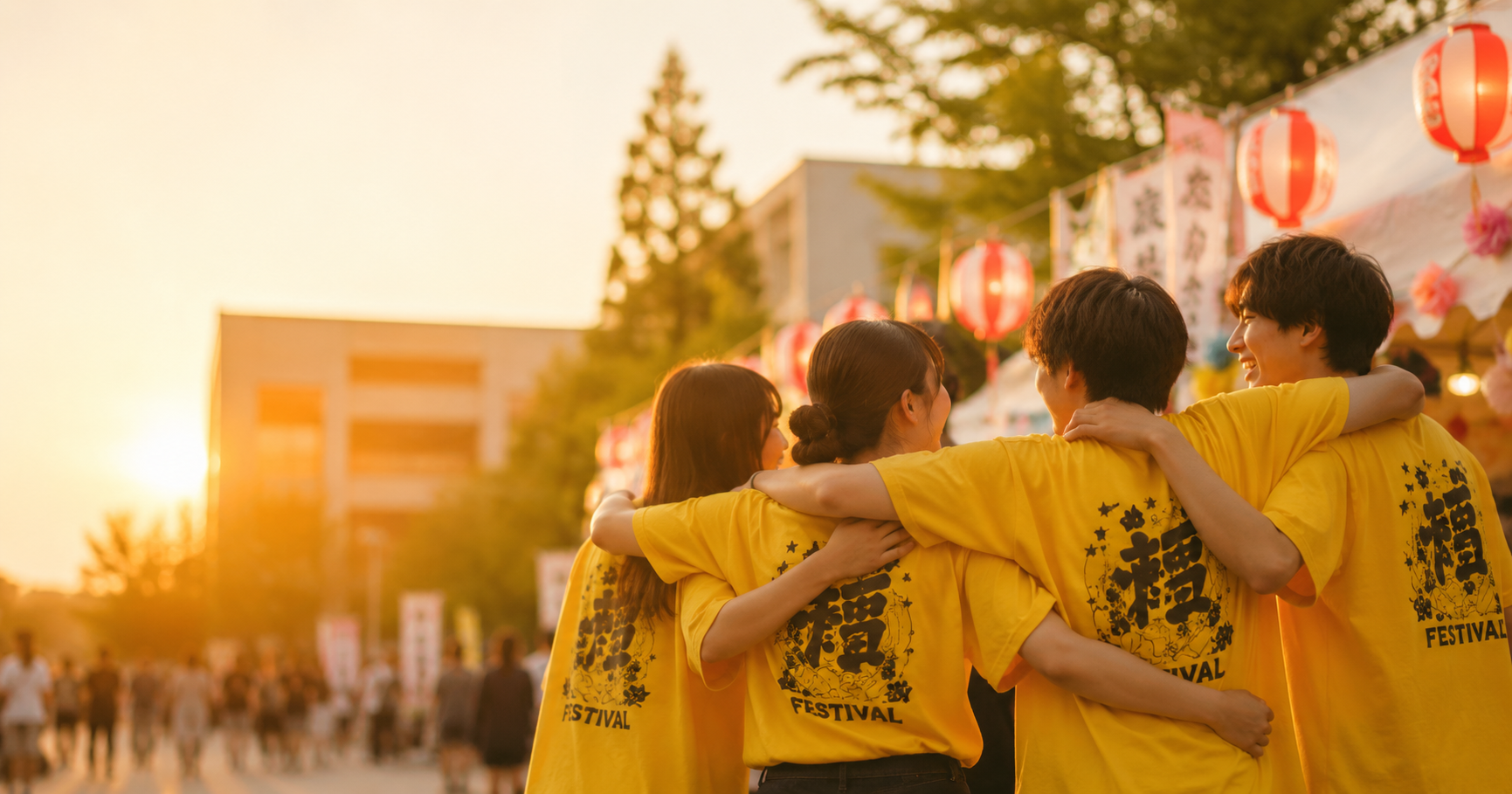 大学祭でお揃いの黄色いオリジナルTシャツを着た大学生たちが夕暮れのキャンパスで肩を組んでいる様子