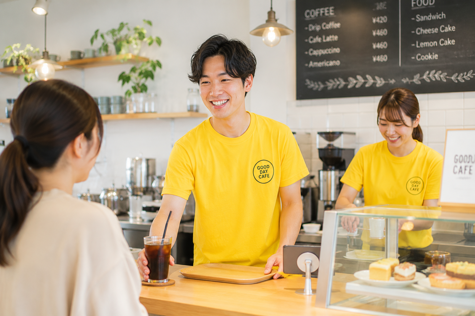 お揃いのオリジナルロゴTシャツを着たカフェスタッフが接客している様子