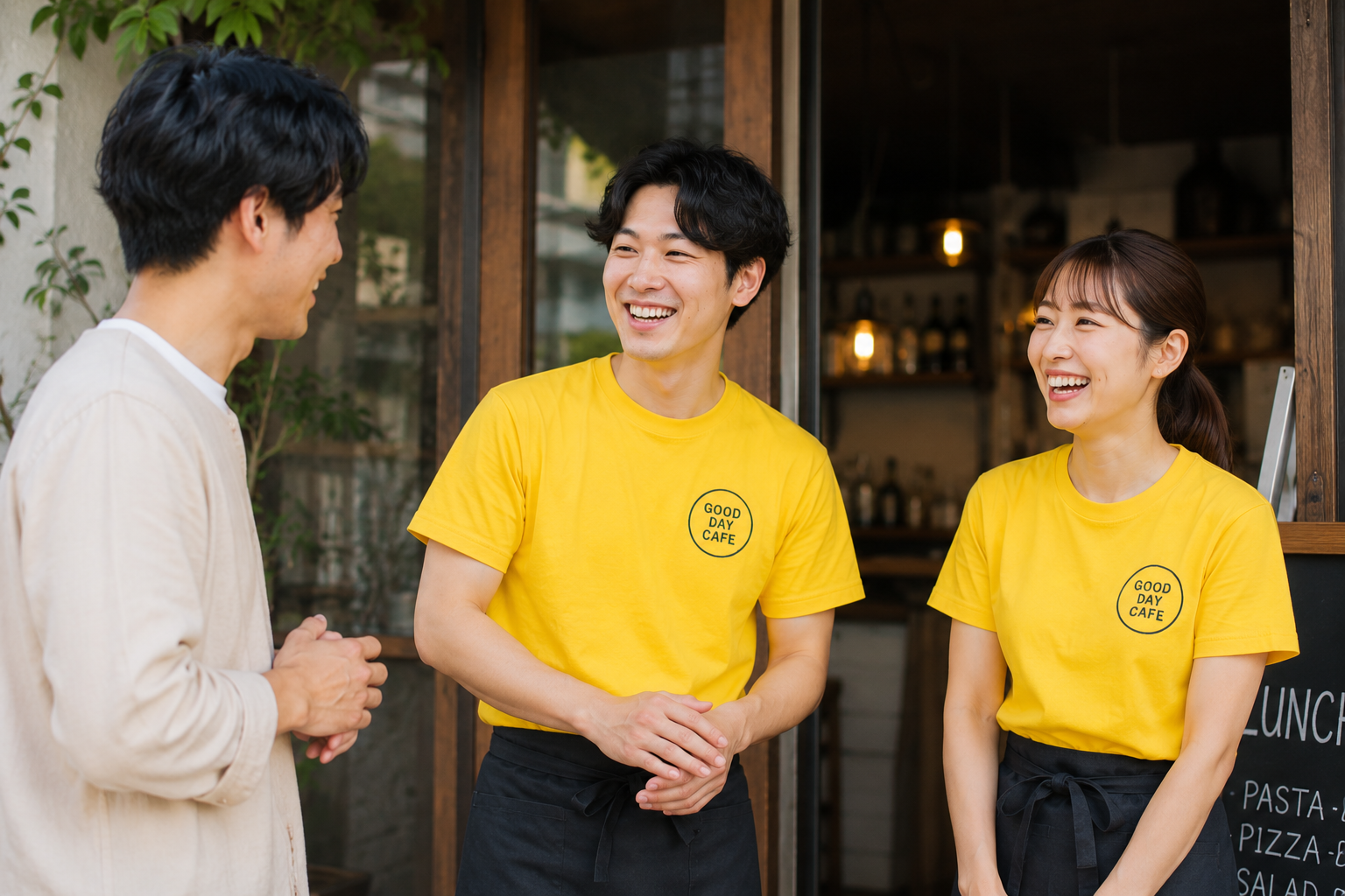 お店のロゴTシャツを着たスタッフと常連客が笑顔で会話している様子