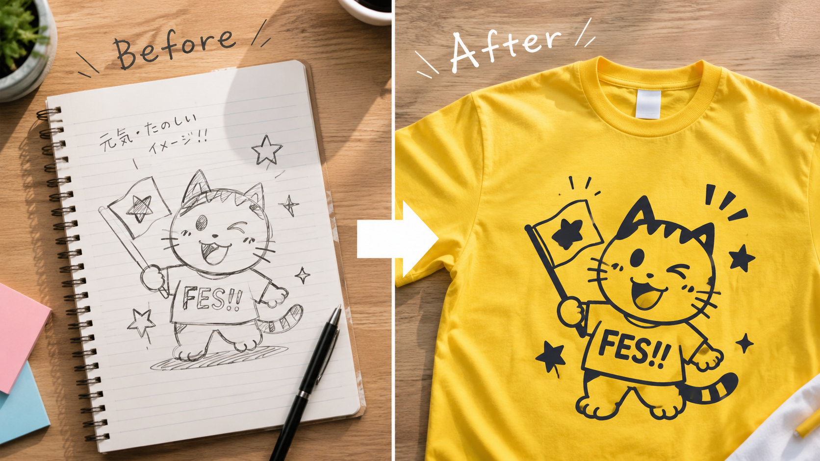 サークルの手描きラフスケッチが黄色いTシャツのオリジナルプリントデザインに仕上がったビフォーアフター