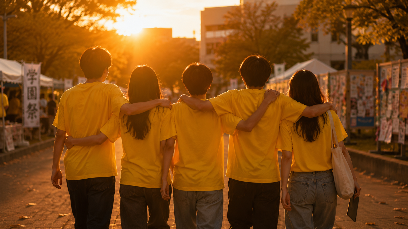 学園祭終了後の夕暮れ、お揃いのTシャツ姿で肩を組みながら歩く大学生たちの後ろ姿