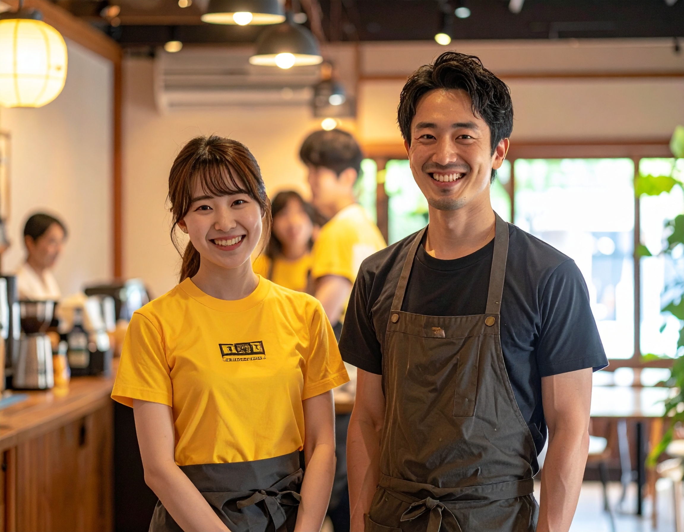 カフェでお揃いの黄色いロゴTシャツを着たスタッフが笑顔で接客している様子