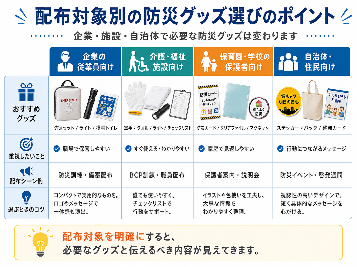 配布対象別の防災グッズ選びのポイント